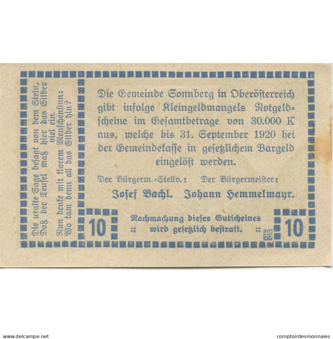 Billet, Autriche, Sonnberg, 10 Heller, Ruine 1920-09-31, SPL Mehl:FS 1003a - Austria