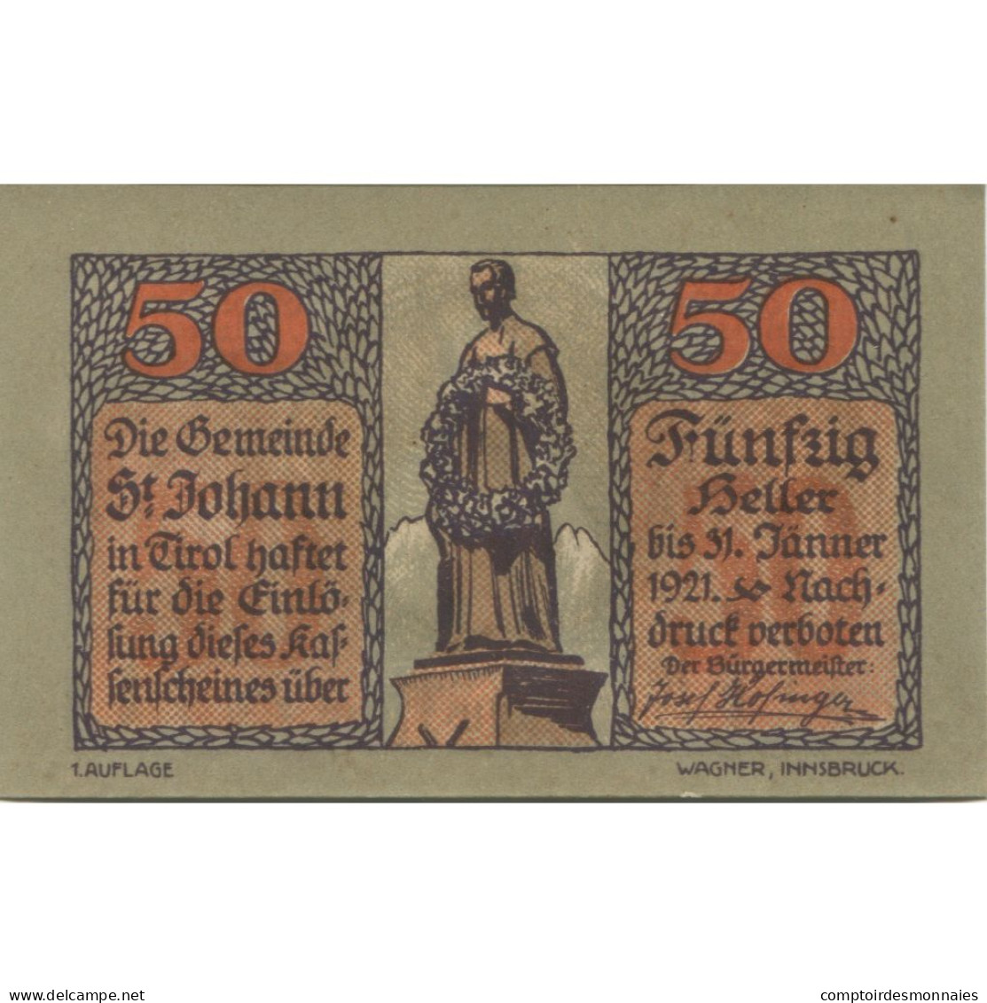 Billet, Autriche, St Johann, 50 Heller, Portrait 1921-01-31, SPL Mehl:FS 898a - Oesterreich