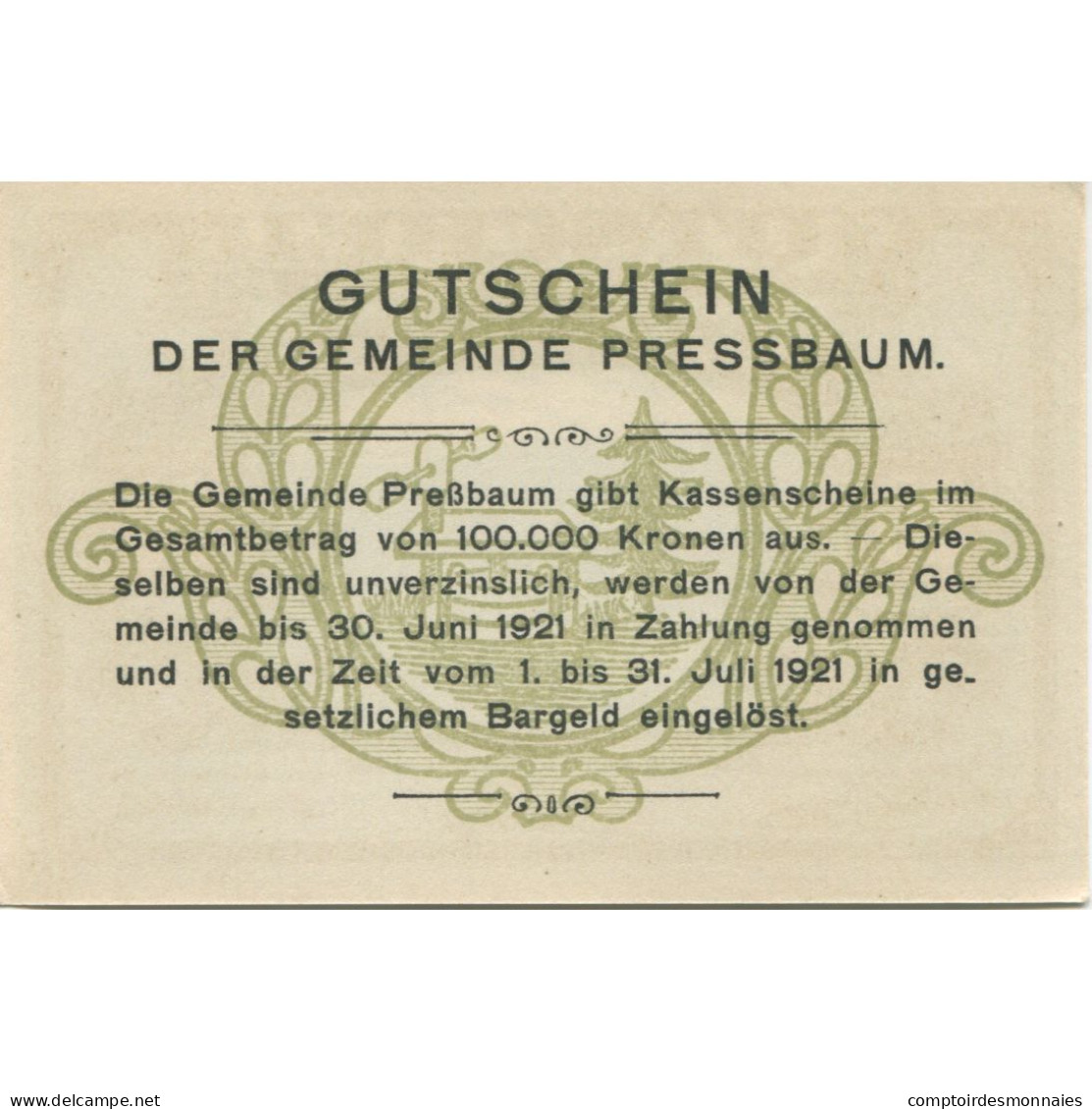 Billet, Autriche, Pressbaum, 20 Heller, Village 1921-07-31, SPL Mehl:FS 784a - Oesterreich