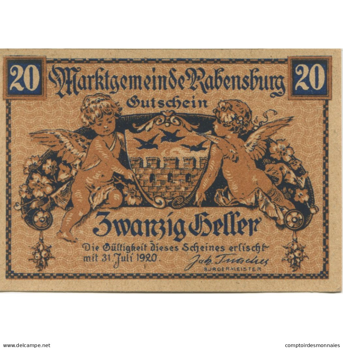 Billet, Autriche, Rabensburg, 20 Heller, Blason 1, 1920 SPL Mehl:FS 807a - Oesterreich