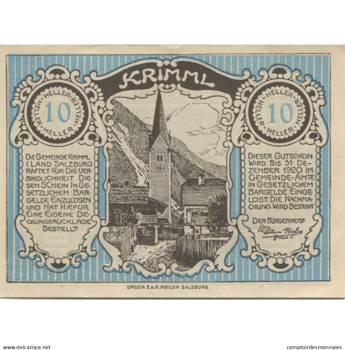 Billet, Autriche, Krimml, 10 Heller, Eglise, 1920, 1920-12-31, SPL, Mehl:FS 483a - Oesterreich