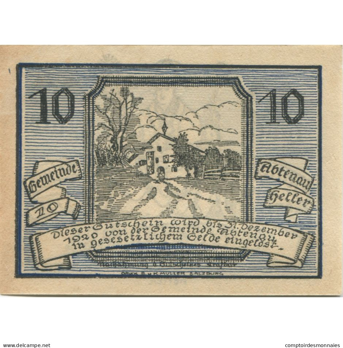 Billet, Autriche, Abtenau, 10 Heller, Personnage 1920-12-31, SPL, Mehl:FS 3a - Oesterreich