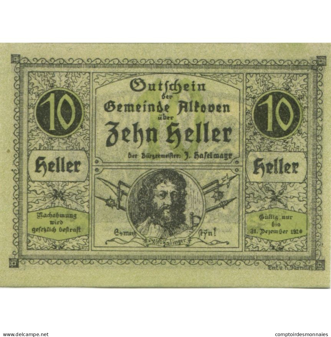 Billet, Autriche, Alkoven, 10 Heller, Portrait 1920-12-31, SPL, Mehl:FS 18IIc - Oesterreich