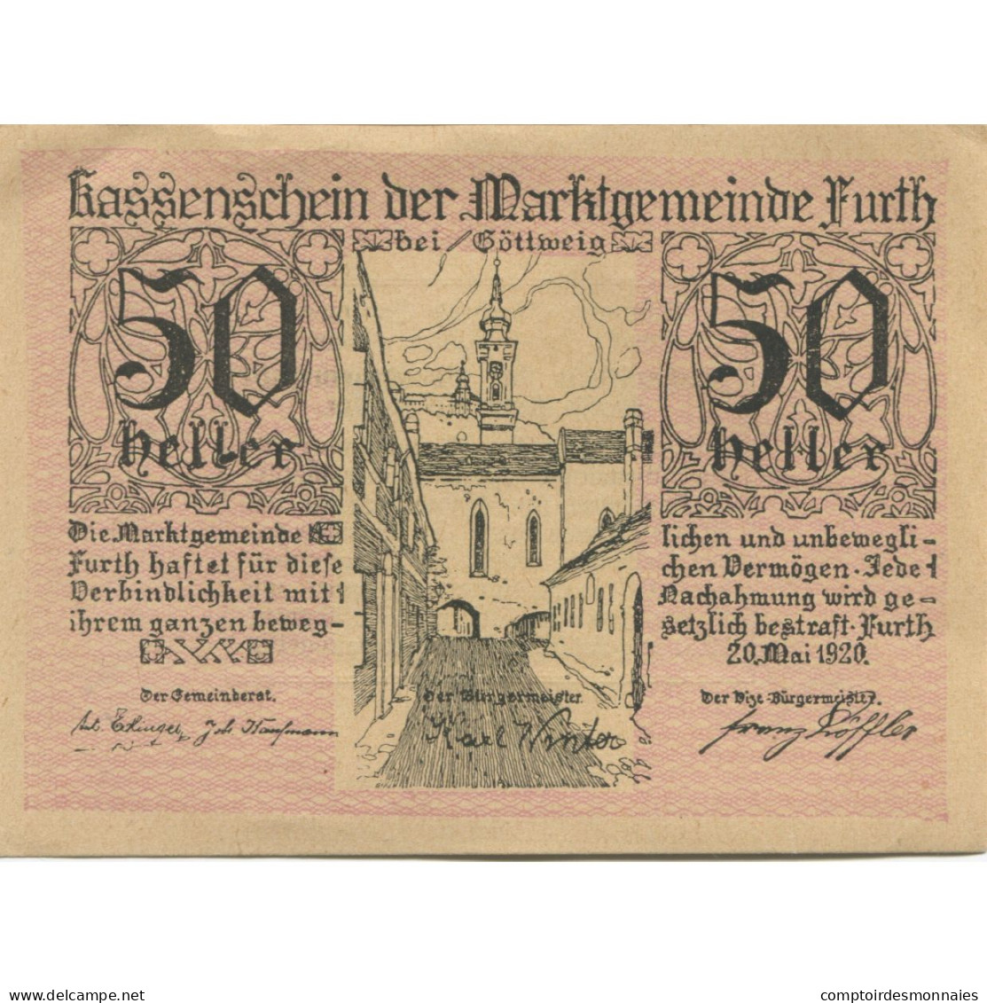 Billet, Autriche, Furth, 50 Heller, Rue, 1920, 1920-09-30, SPL, Mehl:FS 214c - Oesterreich
