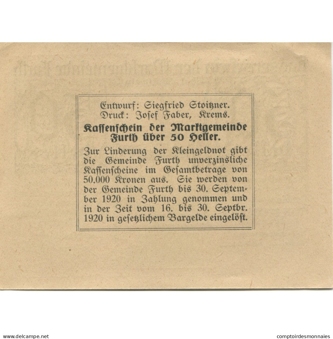 Billet, Autriche, Furth, 50 Heller, Rue, 1920, 1920-09-30, SPL, Mehl:FS 214c - Oesterreich