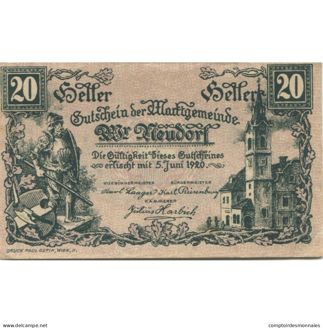 Billet, Autriche, Neudorf, 20 Heller, Château, 1920-06-05, SPL, Mehl:FS 1229Ia - Oesterreich