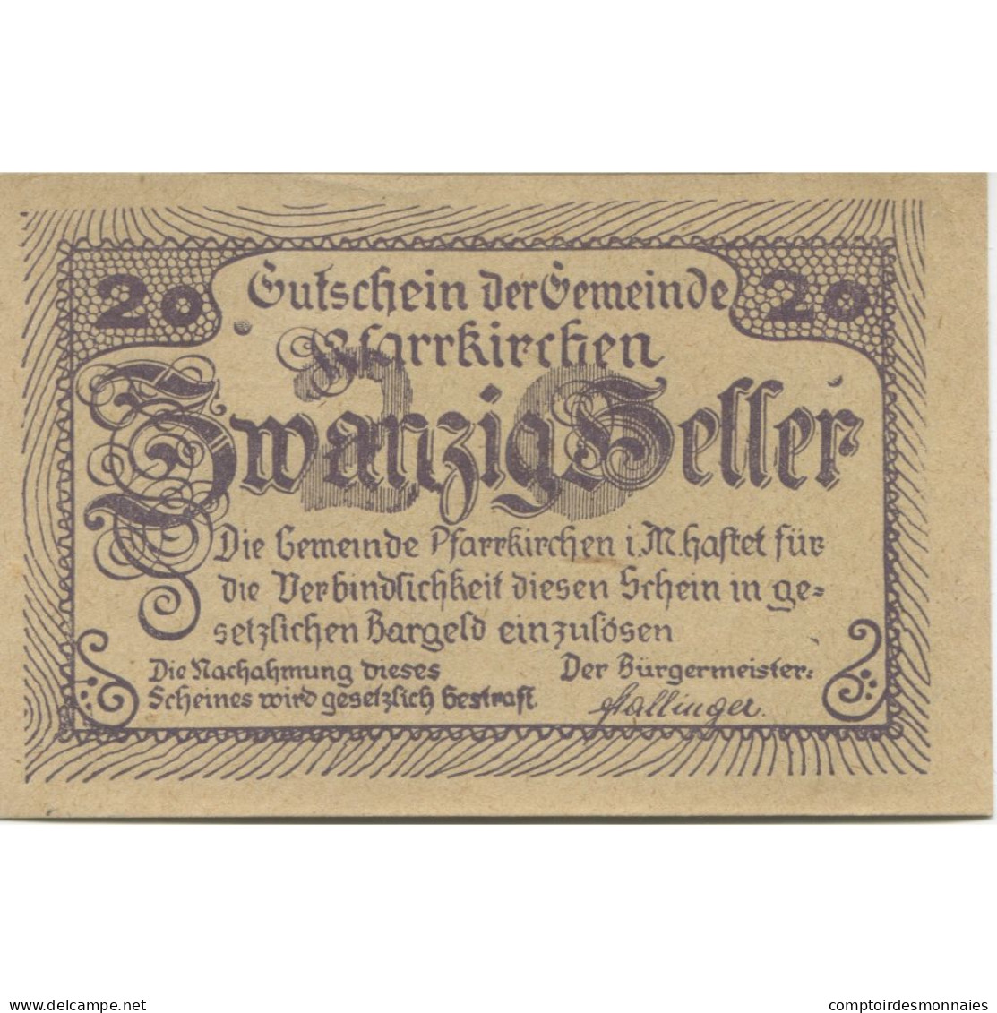 Billet, Autriche, Pfarrkirchen, 20 Heller, Village 1920-05-13, SPL Mehl:FS 744Ic - Oesterreich