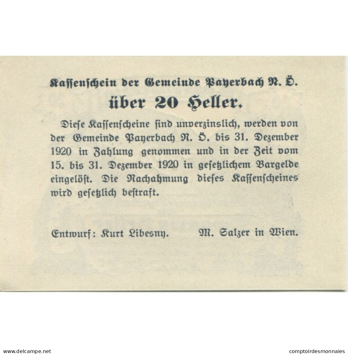 Billet, Autriche, Payerbach, 20 Heller, Eglise 1920-12-31, SPL, Mehl:FS 725 - Oesterreich