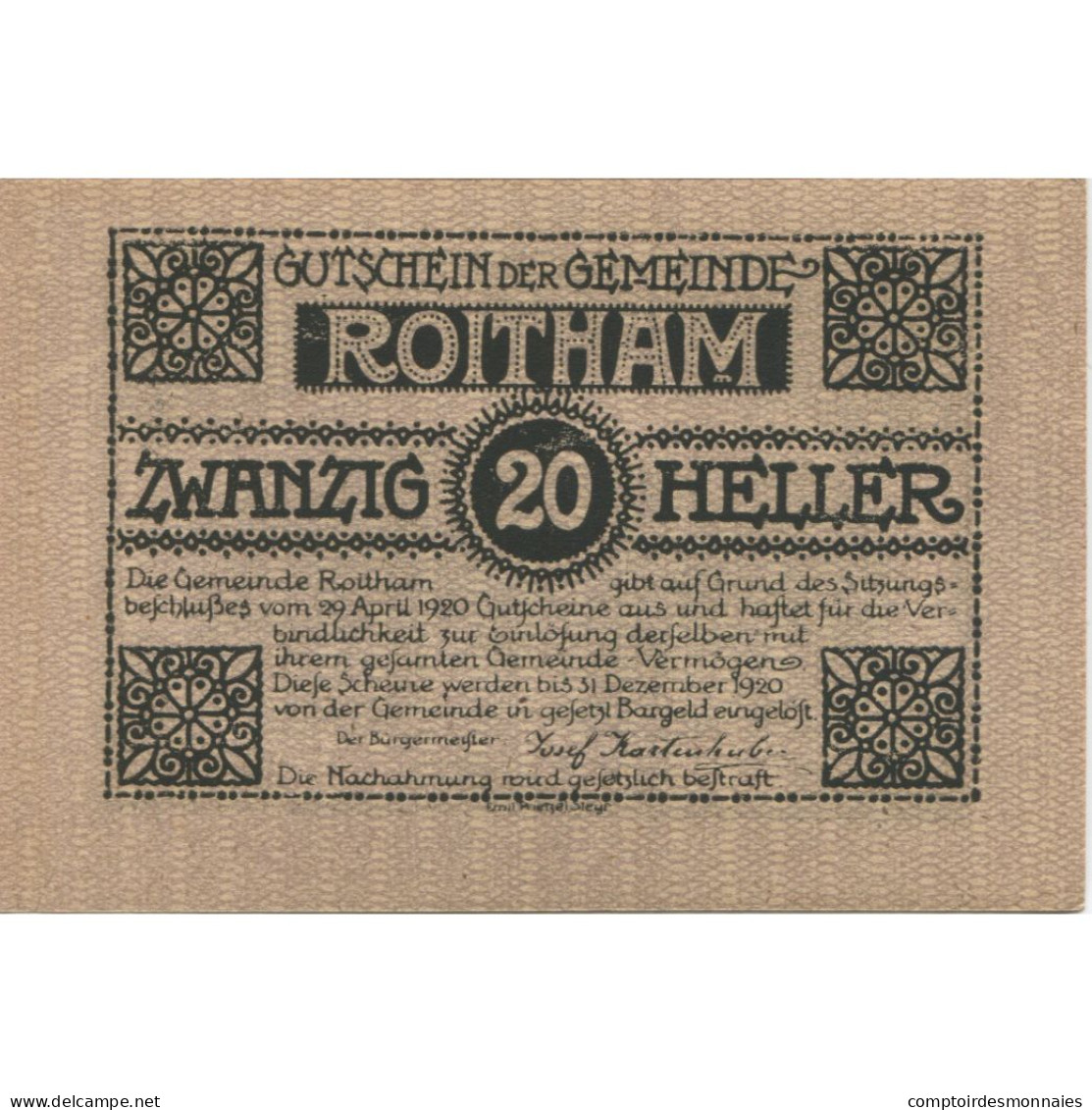 Billet, Autriche, Roitham, 20 Heller, Paysage 1920-12-31, SPL, Mehl:FS 843a - Oesterreich