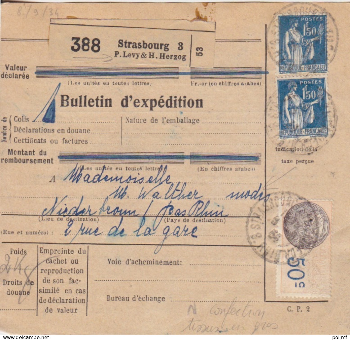 Bulletin D'expédition Obl. Strasbourg Le 8/9/34 Sur 1f50 Paix X 2 N° 288 + Fiscal (tarif Du 1/5/27) Pour Niederbronn - 1932-39 Vrede