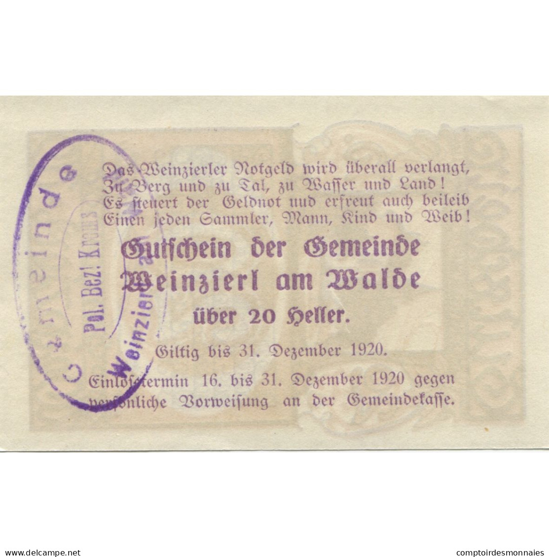 Billet, Autriche, Weinzierl, 20 Heller, Eglise 1920-12-31, SPL Mehl:FS 1152 - Oesterreich