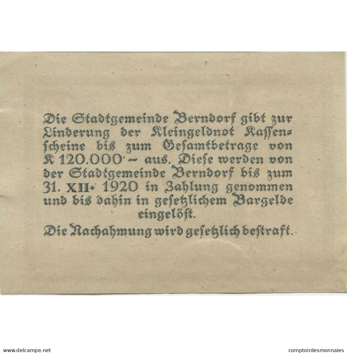 Billet, Autriche, Berndorf, 50 Heller, Château 1920-12-31, SPL, Mehl:FS 83a - Oesterreich