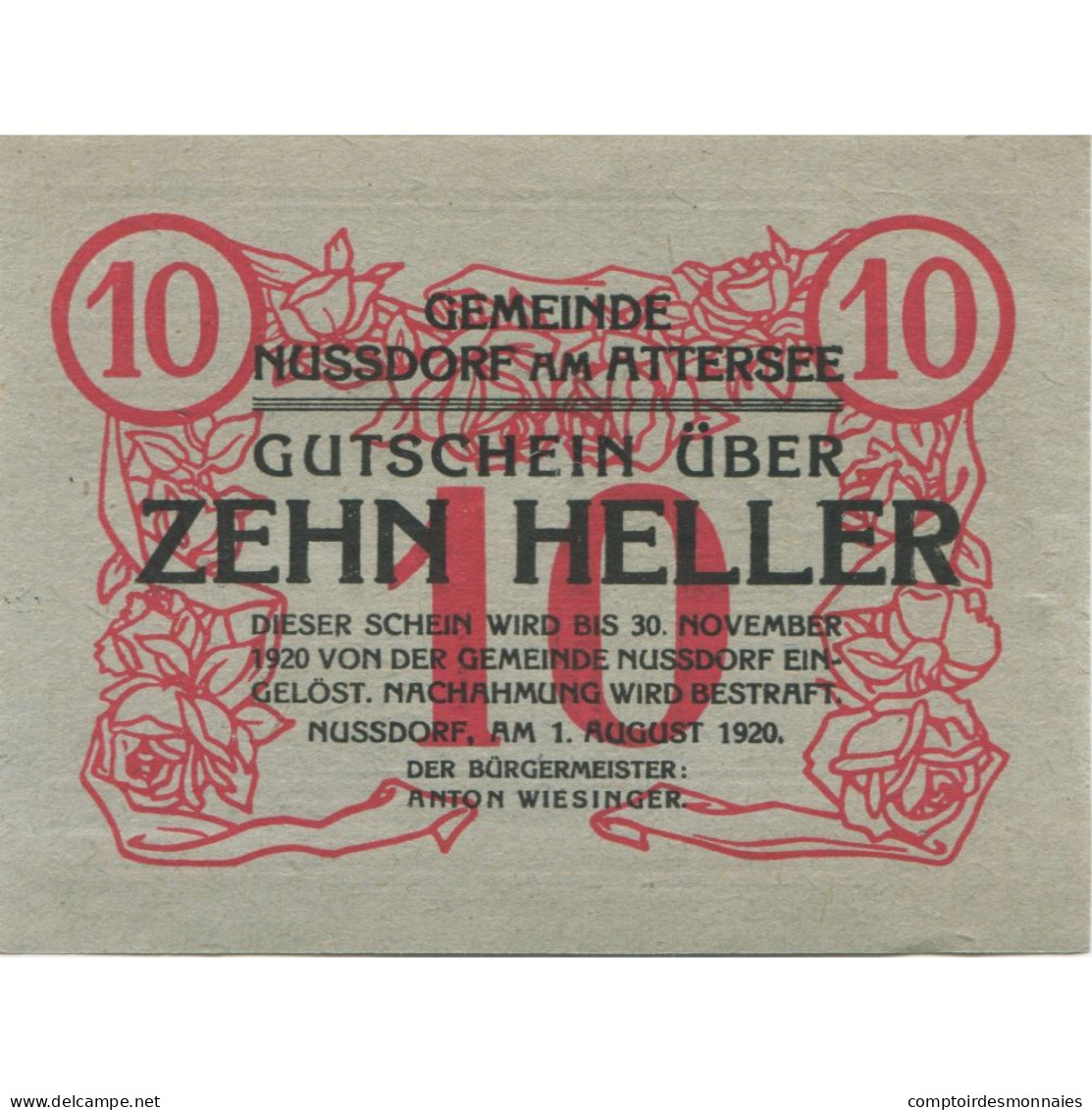 Billet, Autriche, Nussendorf, 10 Heller, Bateau 1920-11-30, SPL, Mehl:FS 677a - Austria