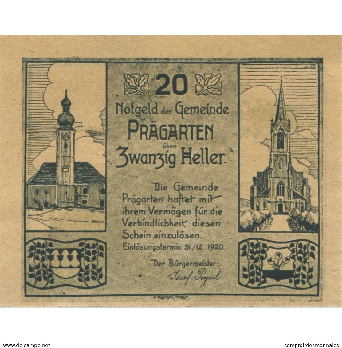 Billet, Autriche, Prägarten, 20 Heller, Eglise 1920-12-31, SPL Mehl:FS 777d - Austria