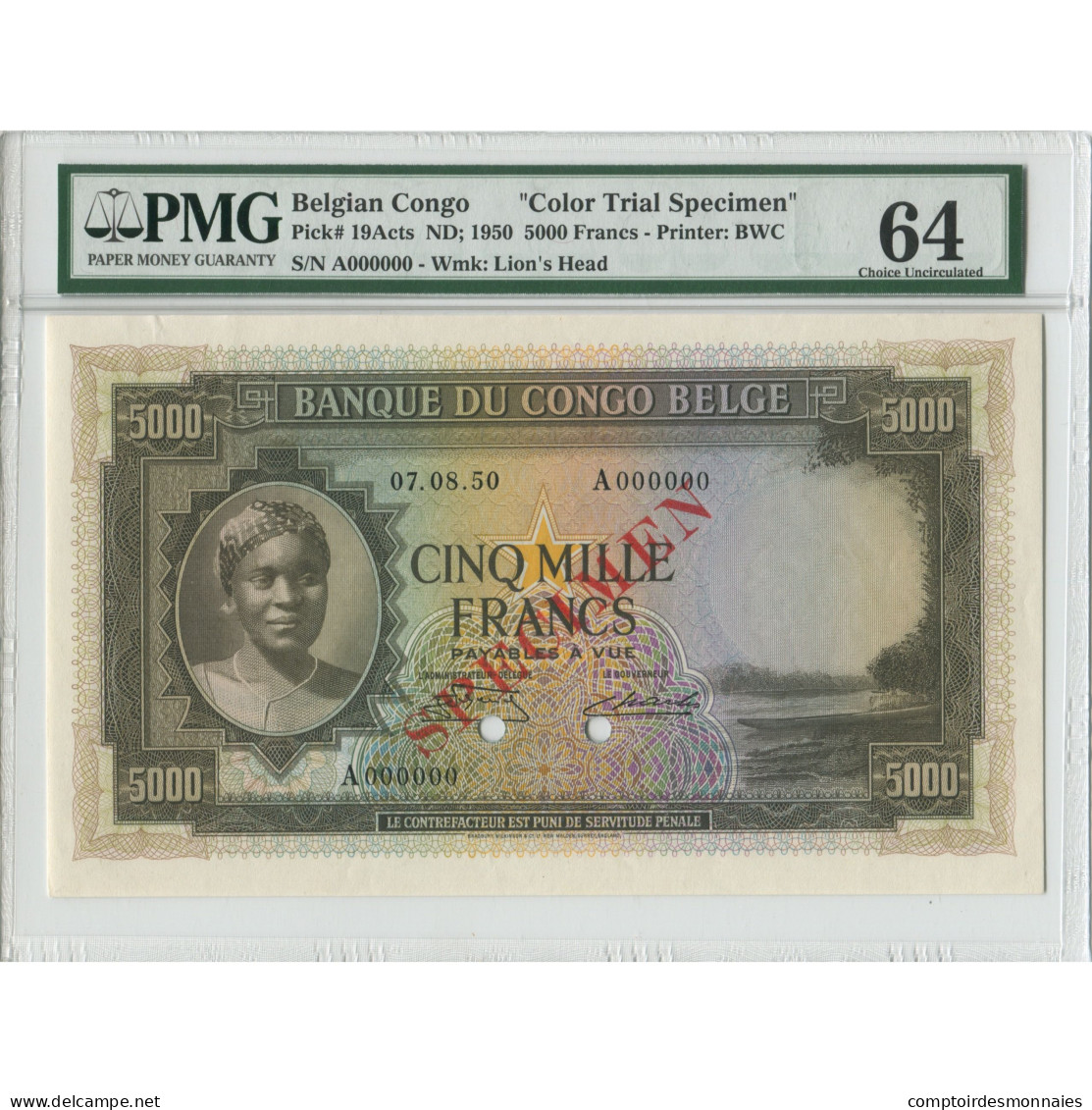Billet, Congo Belge, 5000 Francs, 1950, 1950-08-07, Specimen Trial Color - Bank Van Belgisch Kongo