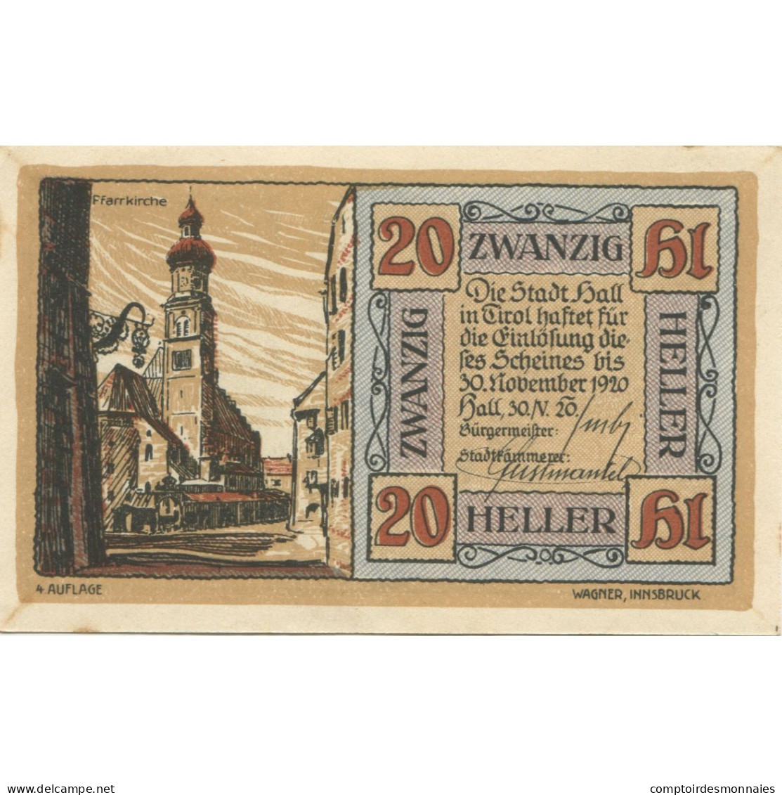 Billet, Autriche, Hall, 20 Heller, Eglise, 1920, 1920-11-30, SPL, Mehl:FS 342IIa - Austria