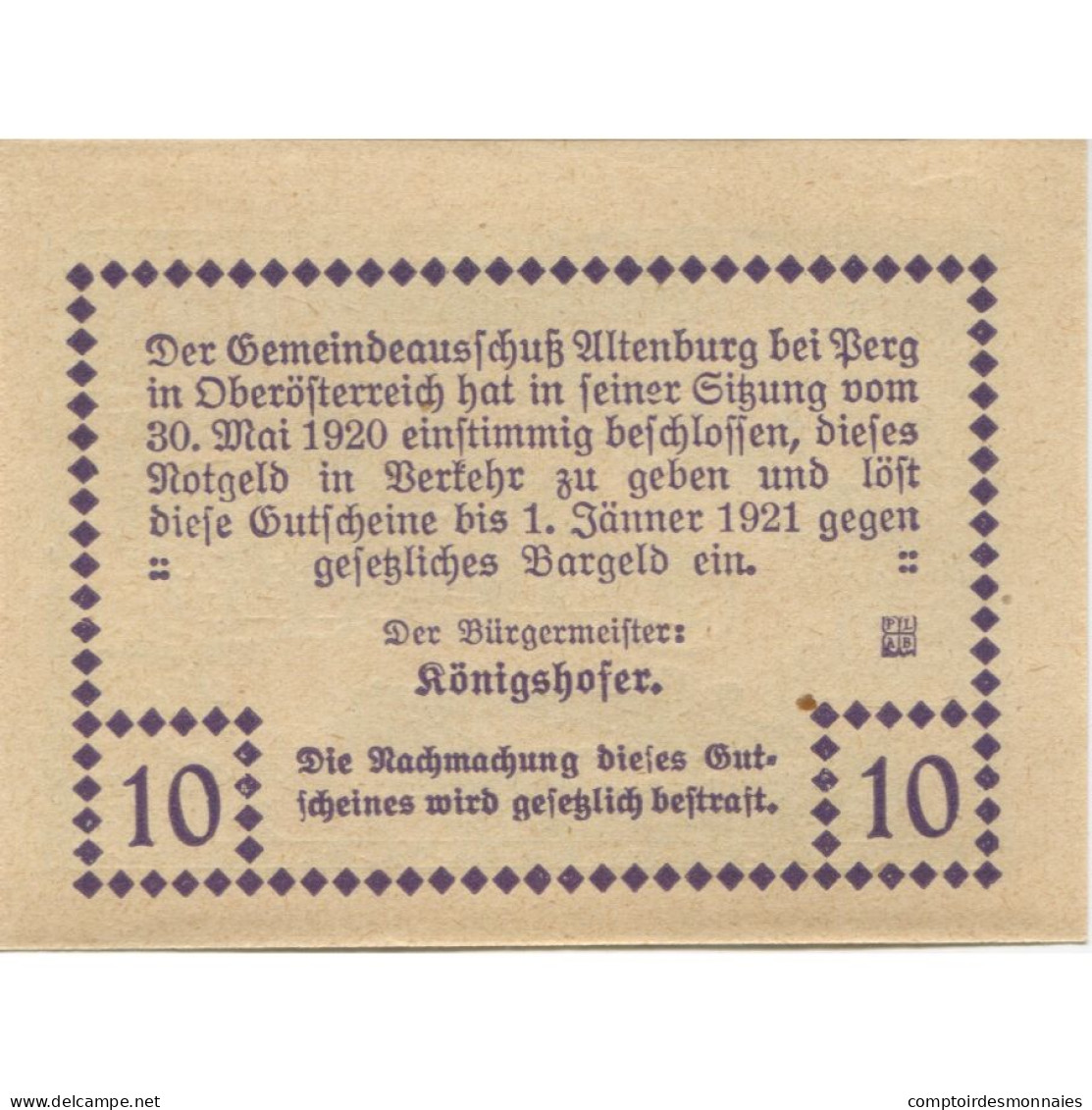 Billet, Autriche, Altenburg, 10 Heller, Château 1921-01-01, SPL, Mehl:FS 26a - Austria