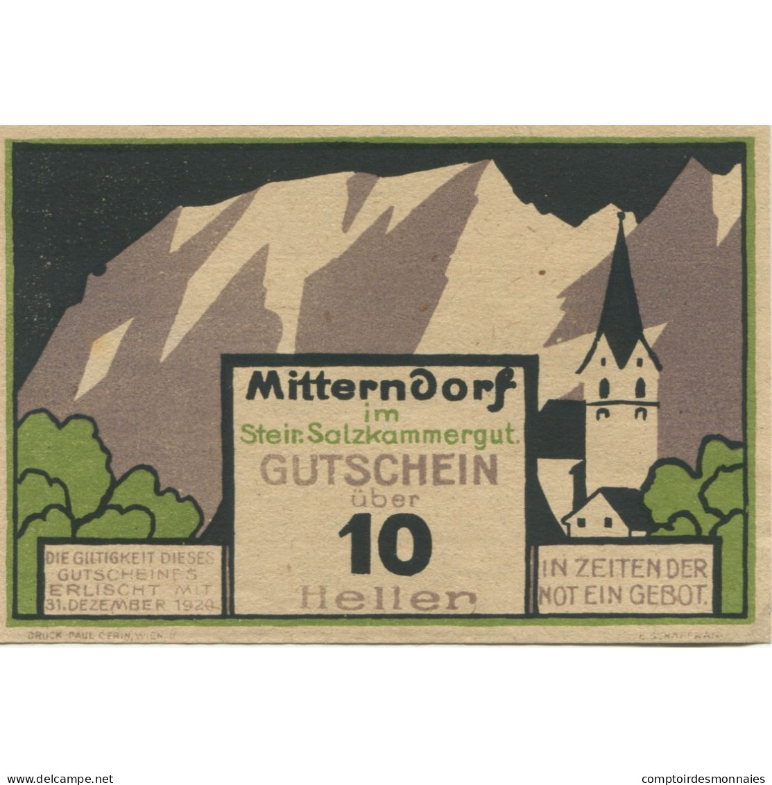 Billet, Autriche, Mitterndorf, 10 Heller, Montagne, 1921 SPL Mehl:FS 621Ia - Austria