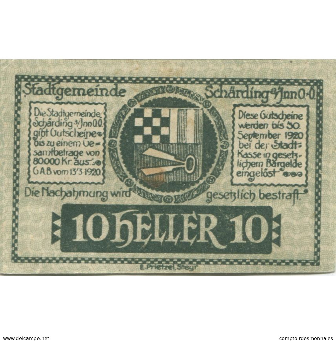 Billet, Autriche, Schärding, 10 Heller, Blason 1920-09-30, SPL, Mehl:FS 951 - Austria