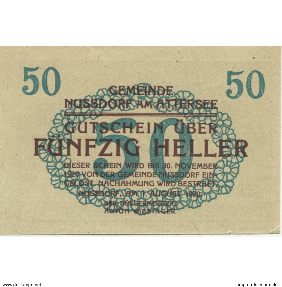 Billet, Autriche, Nussdorf Am Attersee, 50 Heller Voilier, 1920 SPL Mehl:FS 677a - Austria