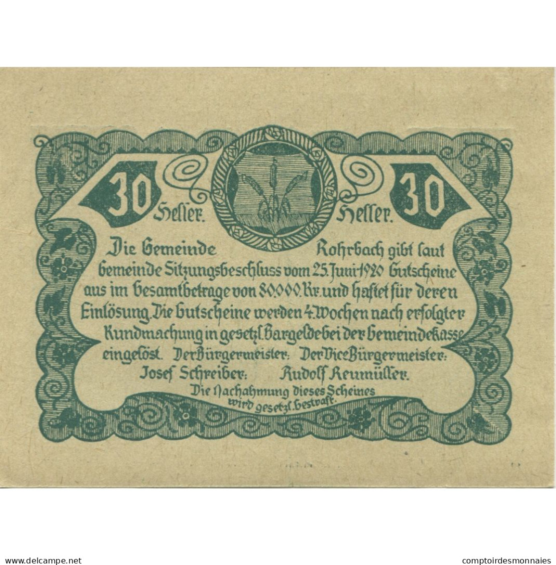 Billet, Autriche, Rohrbach, 30 Heller, Rue, 1920, SPL, Mehl:FS 841b - Austria