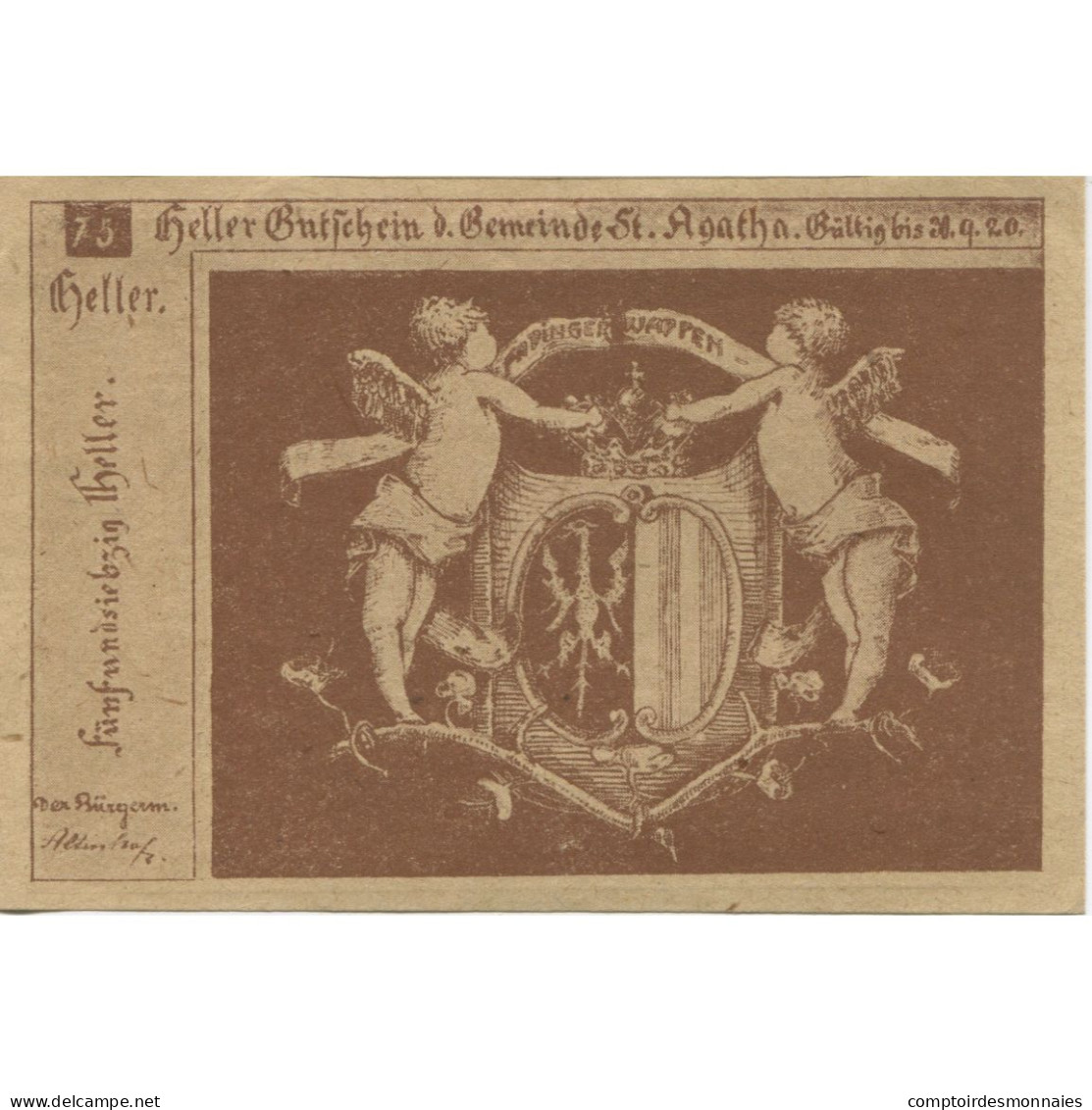 Billet, Autriche, St Agatha, 75 Heller, Blason 1920-09-30, SPL, Mehl:FS 877 - Oesterreich