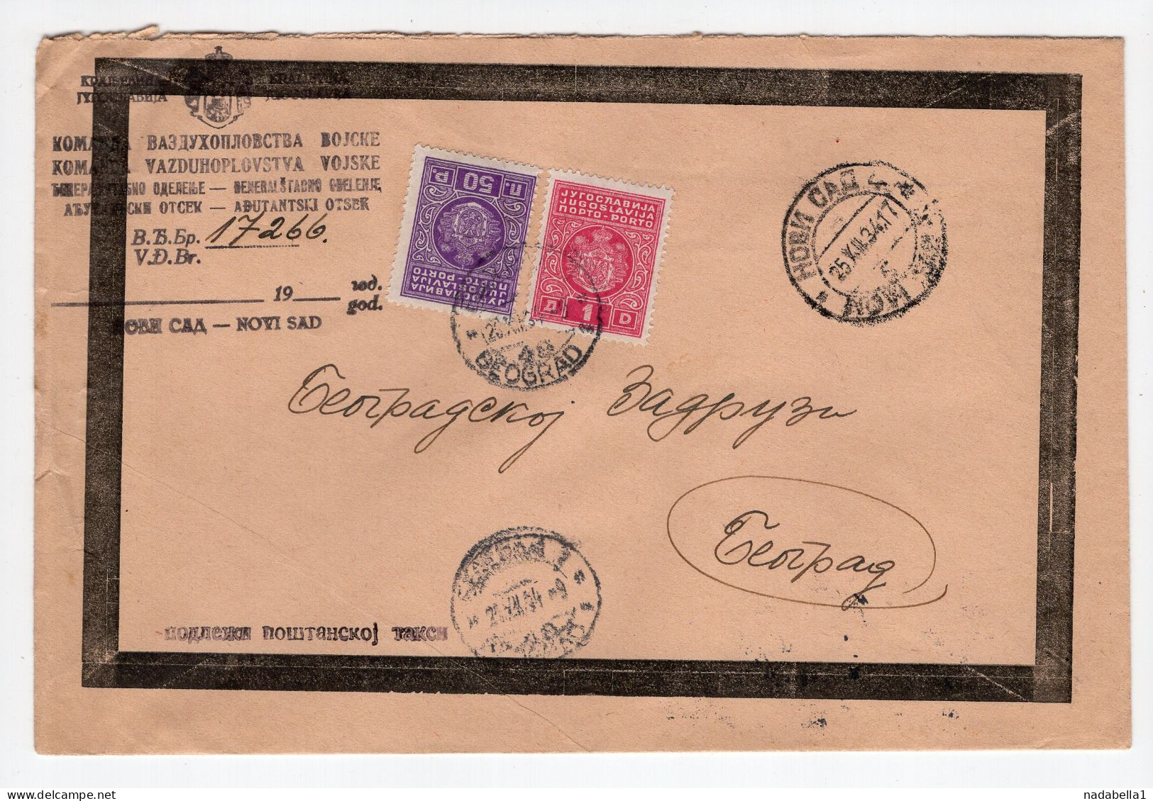 1934. KINGDOM OF YUGOSLAVIA,SERBIA,NOVI SAD,1.50 DIN POSTAGE DUE IN BELGRADE,AIR FORCE COMMAND COVER,BLACK FRAME - Postage Due