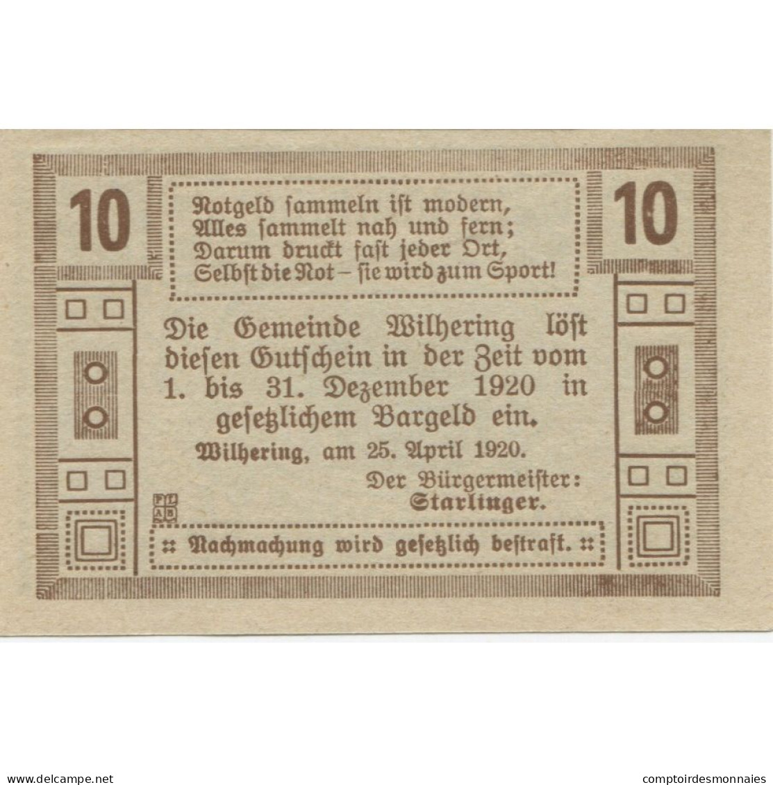 Billet, Autriche, Wilhering, 10 Heller, Eglise 1920-12-31, SPL, Mehl:FS 1236 - Autriche