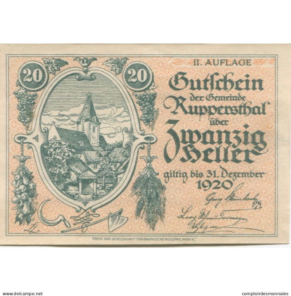 Billet, Autriche, Ruppersthal, 20 Heller, Eglise 1920-12-31, SPL Mehl:FS 854c - Oesterreich