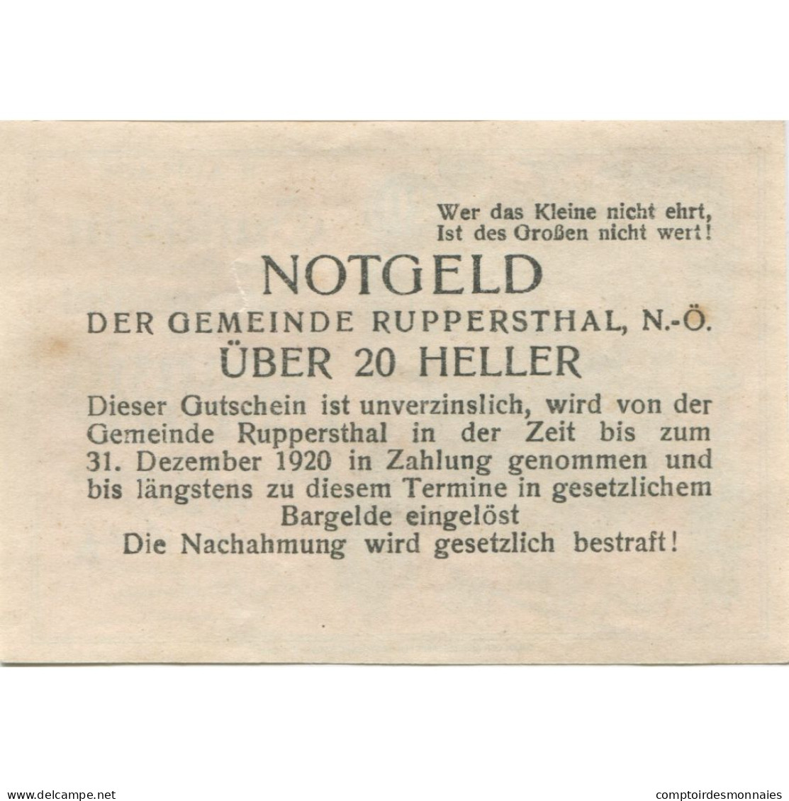 Billet, Autriche, Ruppersthal, 20 Heller, Eglise 1920-12-31, SPL Mehl:FS 854c - Autriche