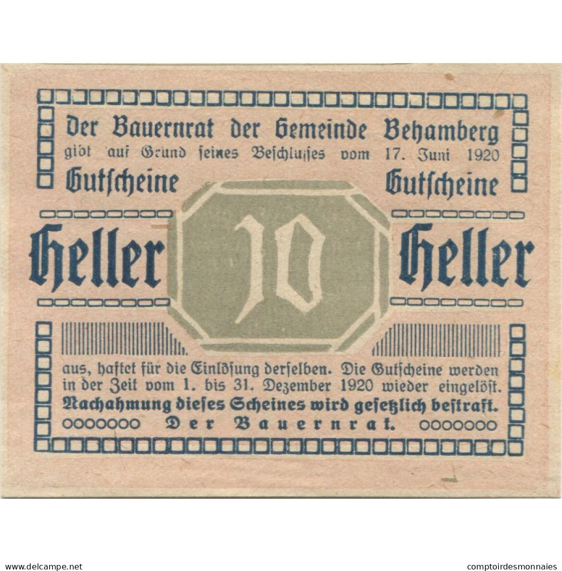 Billet, Autriche, Behamberg, 10 Heller, Château 1920-12-31, SPL, Mehl:FS 80b - Autriche