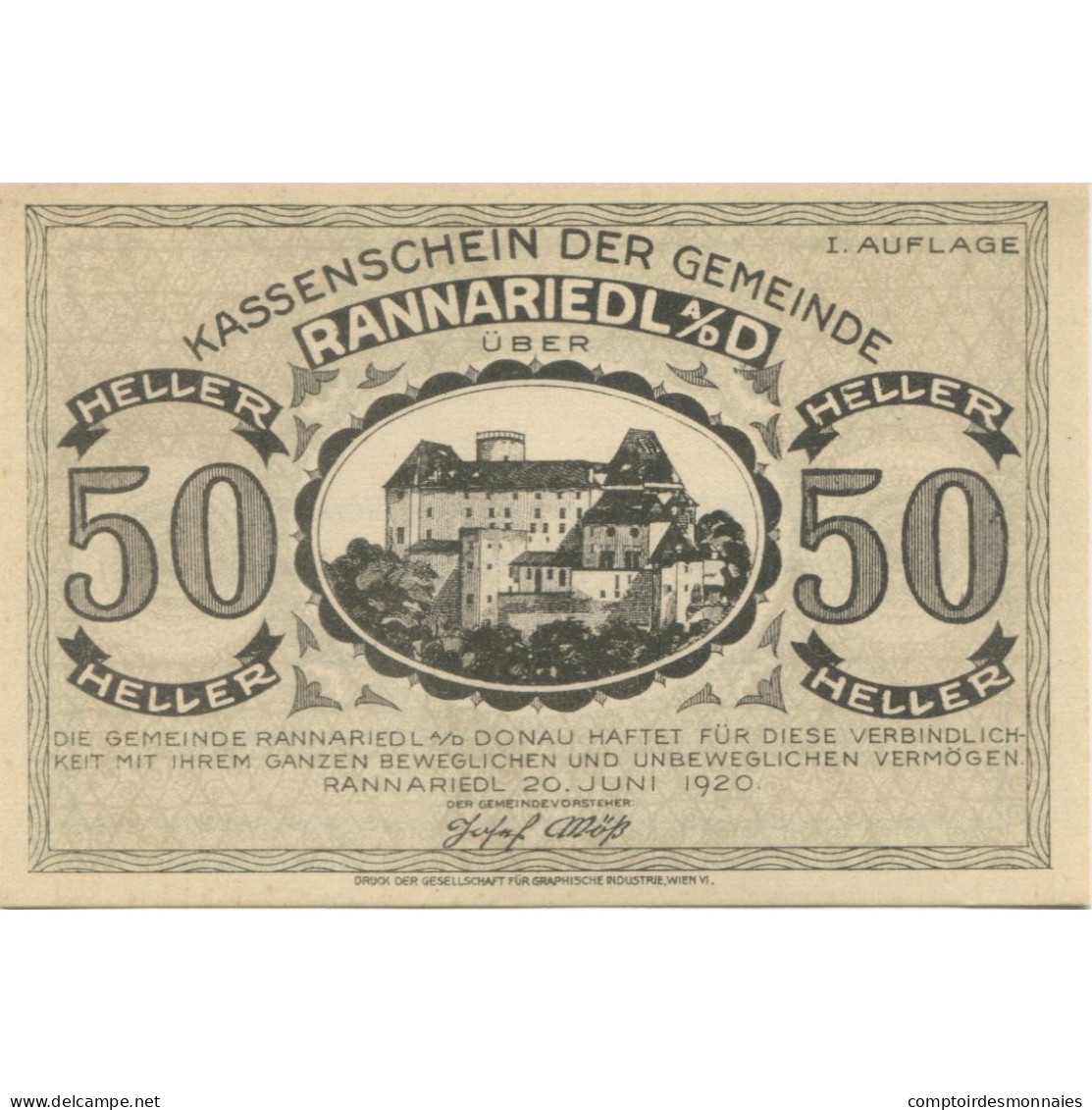 Billet, Autriche, Rannariedl, 50 Heller, Château 2, 1920 SPL Mehl:FS 818a - Oesterreich