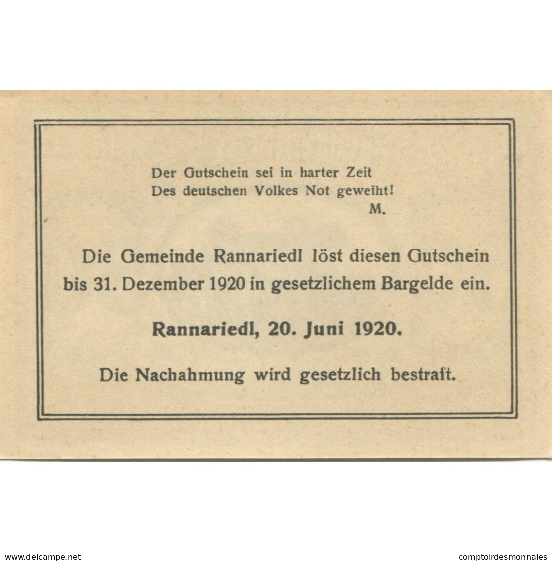 Billet, Autriche, Rannariedl, 50 Heller, Château 2, 1920 SPL Mehl:FS 818a - Austria