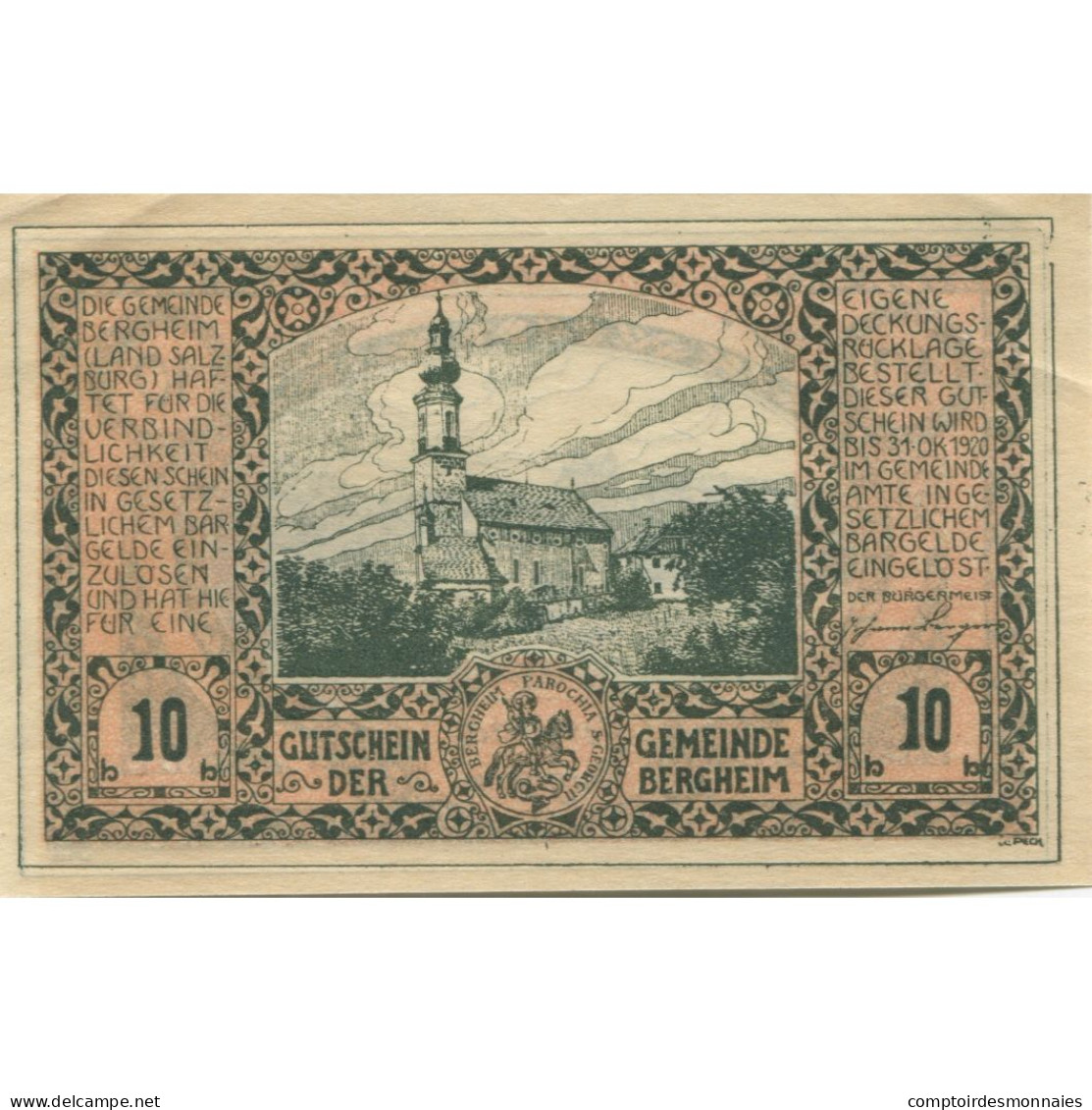 Billet, Autriche, Bergheim, 10 Heller, Eglise 1920-10-31, SPL, Mehl:FS 82Ia - Austria