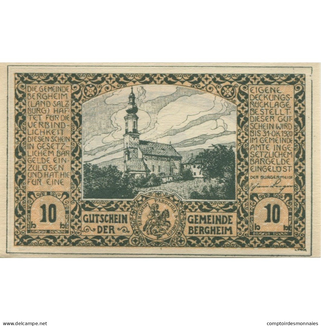 Billet, Autriche, Bergheim, 10 Heller, Château 1920-10-31, SPL, Mehl:FS 82Ia - Austria