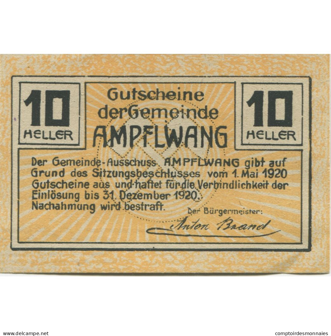 Billet, Autriche, Ampflwang, 10 Heller, Mine, 1920-12-31, SUP+, Mehl:FS 36a - Autriche