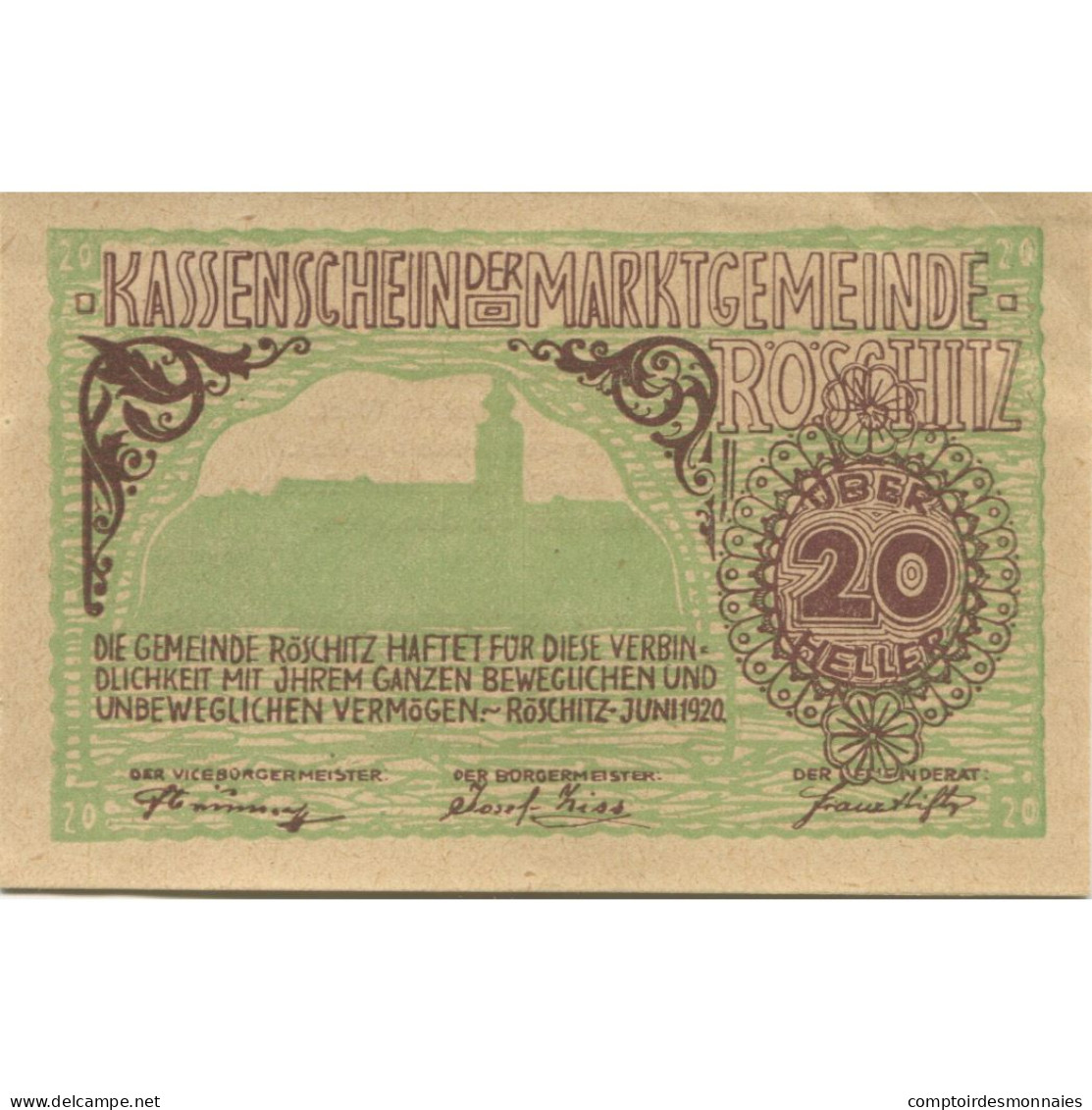 Billet, Autriche, Roschitz, 20 Heller, Eglise 1920-09-15, SPL, Mehl:FS 844 - Oesterreich