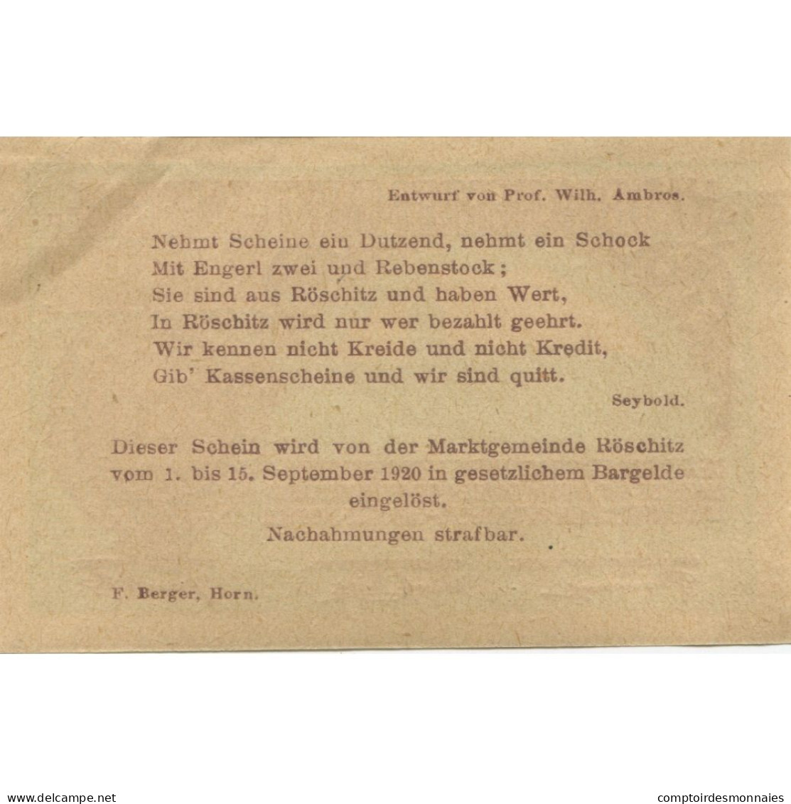Billet, Autriche, Roschitz, 20 Heller, Eglise 1920-09-15, SPL, Mehl:FS 844 - Autriche