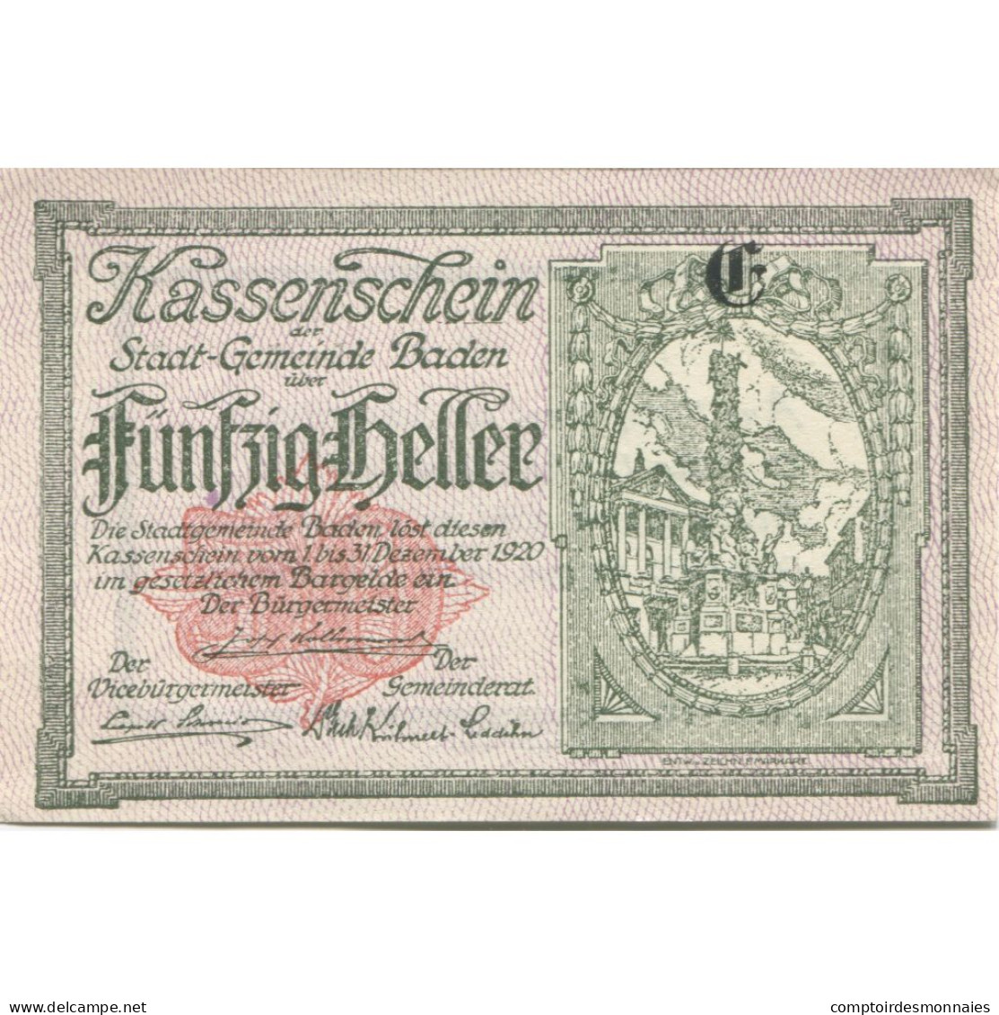 Billet, Autriche, Baden, 50 Heller, Monument, 1920, 1920-12-31, SPL, Mehl:FS 74a - Austria