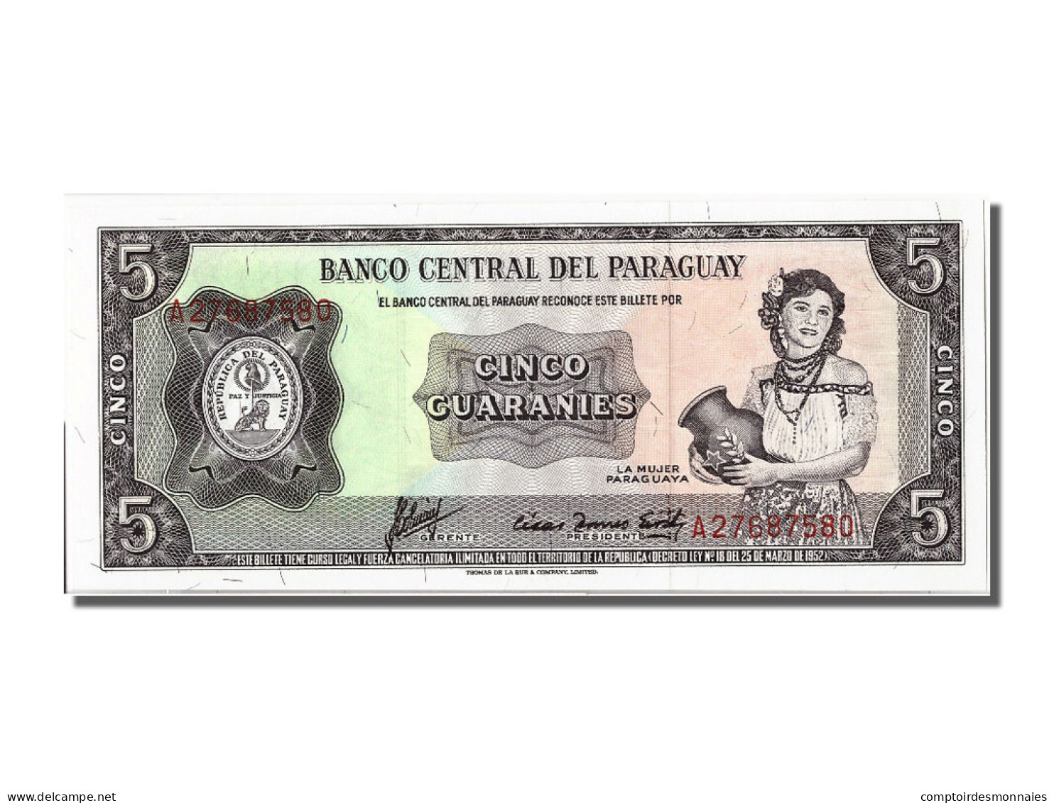 Billet, Paraguay, 5 Guaranies, 1952, NEUF - Paraguay