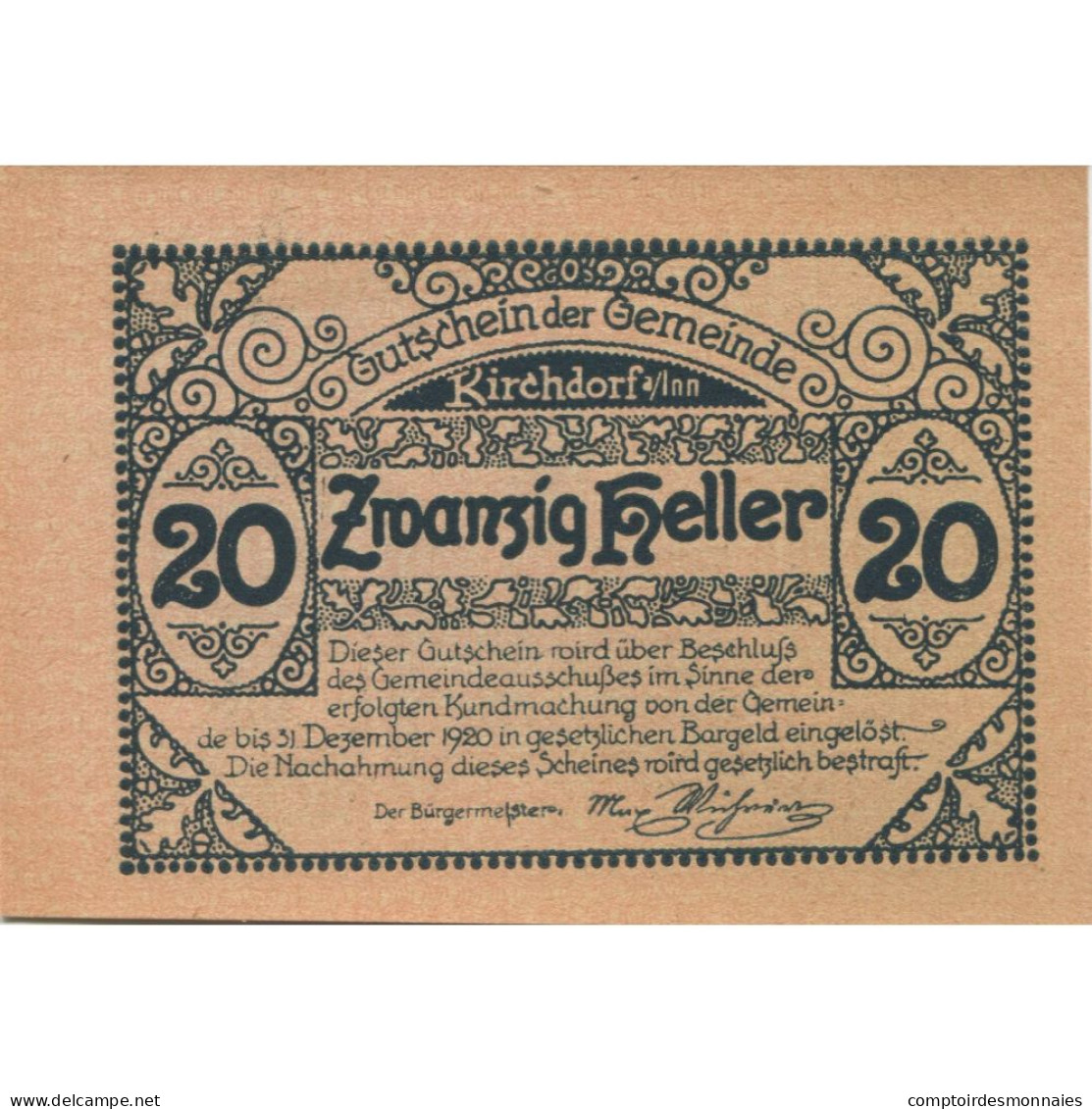 Billet, Autriche, Kirchdorf, 20 Heller, Eglise 1920-12-31, SPL, Mehl:FS 444a - Autriche