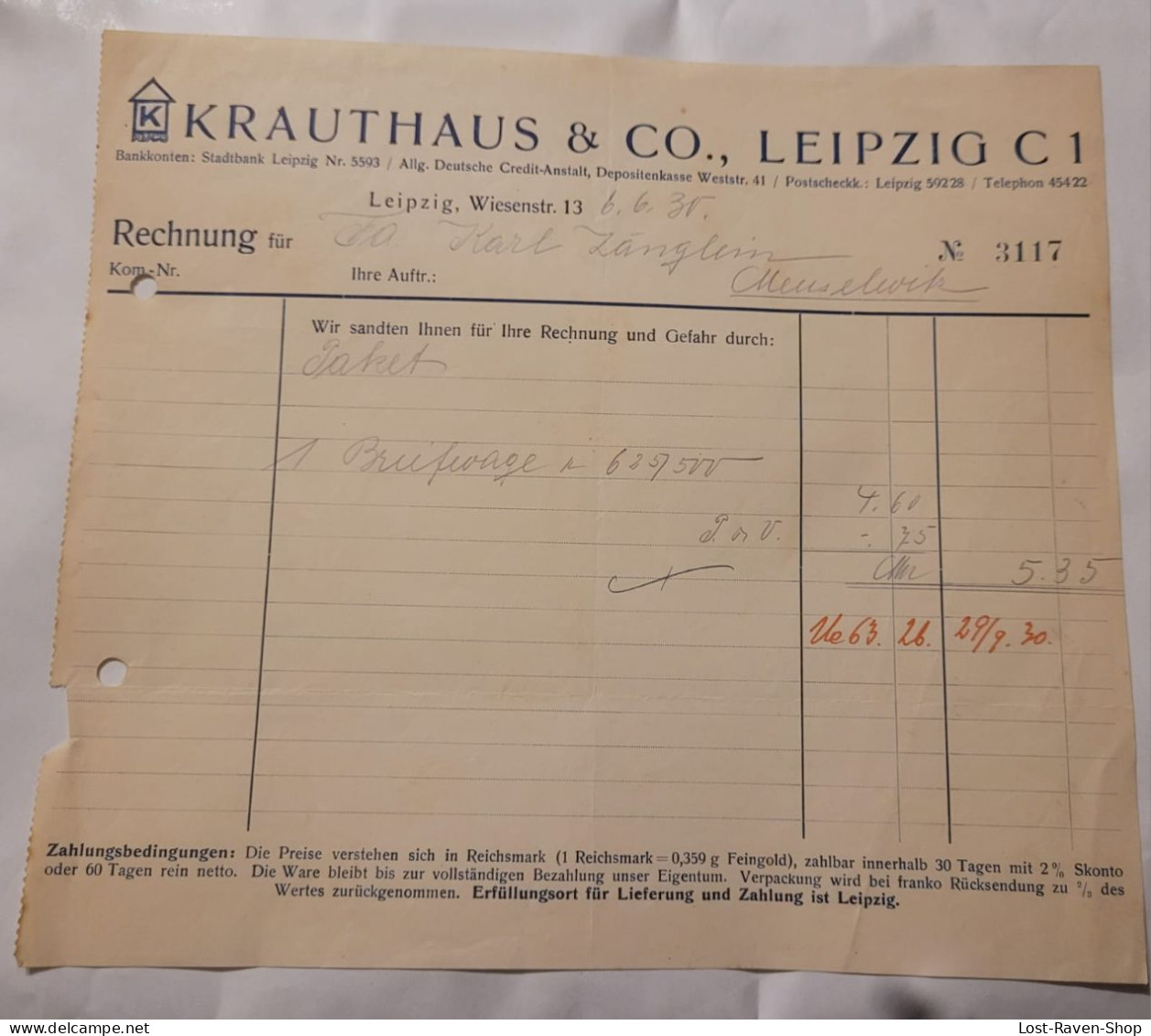 Rechnung - Krauthaus & Co Leipzig - 1930 - 1900 – 1949