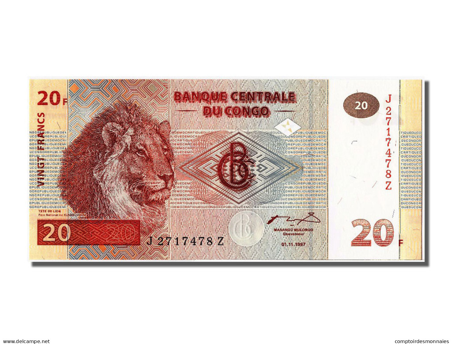 Billet, Congo Democratic Republic, 20 Francs, 1997, 1997-11-01, NEUF - Democratic Republic Of The Congo & Zaire