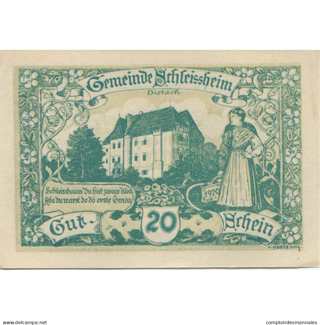 Billet, Autriche, Schleissheim, 20 Heller, Château 1920-06-30, SPL Mehl:FS 961 - Autriche