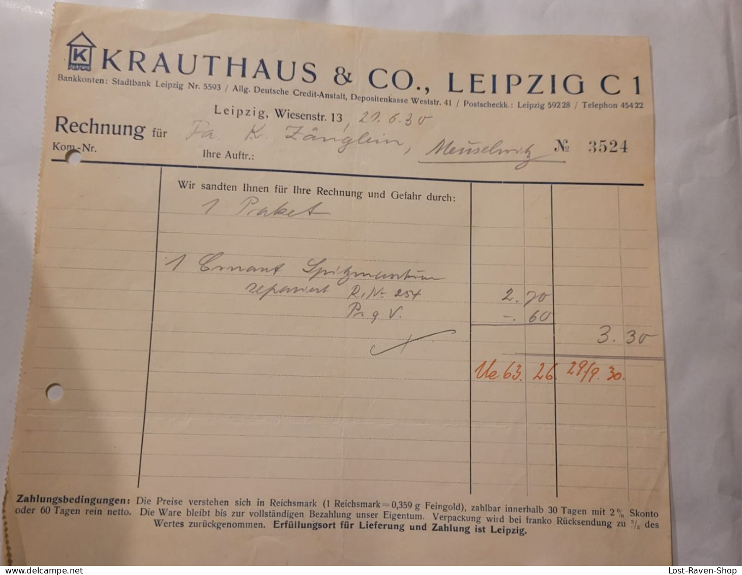 Rechnung - Krauthaus & Co Leipzig - 1930 (2) - 1900 – 1949