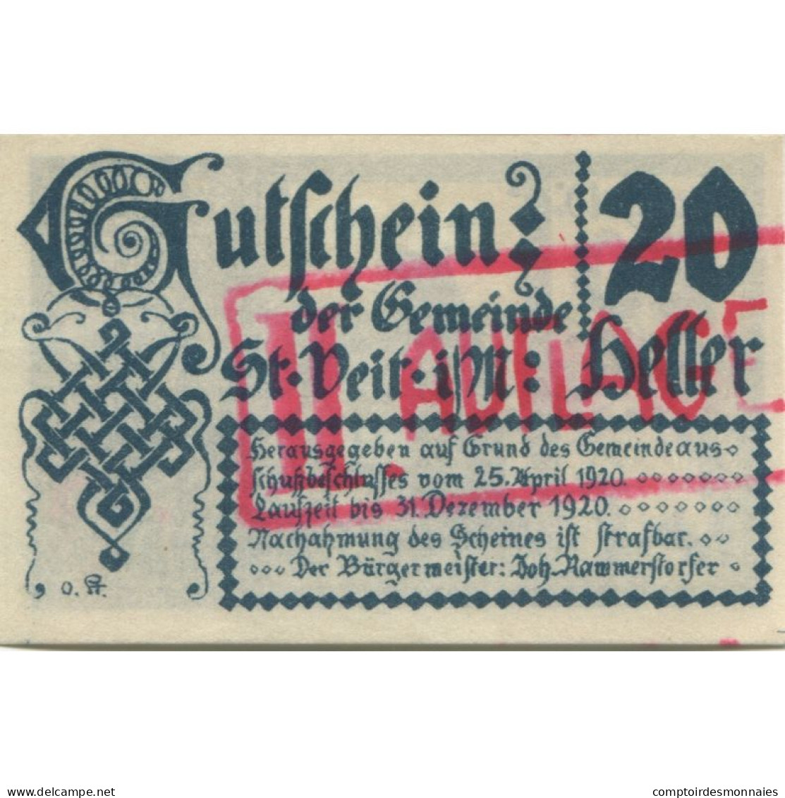 Billet, Autriche, St Veit, 20 Heller, Château, 1920-12-31, SPL, Mehl:FS 944a - Autriche