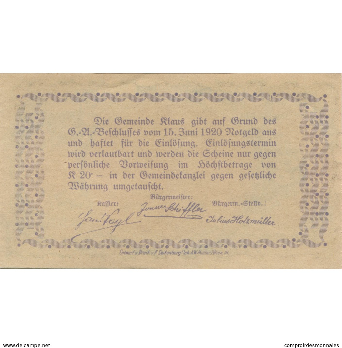 Billet, Autriche, Klaus, 60 Heller, Paysage, 1920, 1920-06-15, SPL, Mehl:FS 454 - Austria