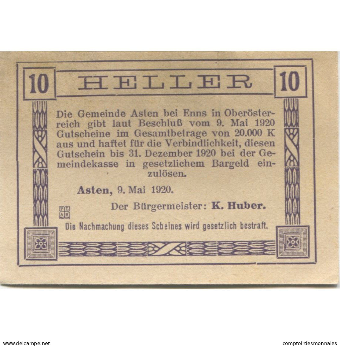 Billet, Autriche, Asten, 10 Heller, Eglise, 1920, 1920-12-31, SPL, Mehl:FS 59a - Austria