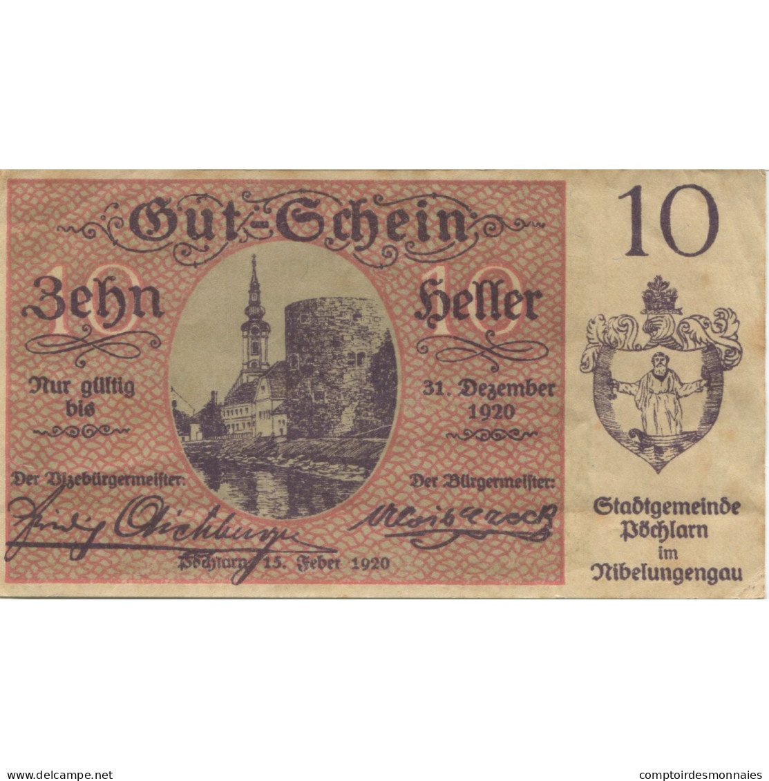 Billet, Autriche, Pochlarn, 10 Heller, Château 1920-12-31, SUP Mehl:FS 755II - Autriche