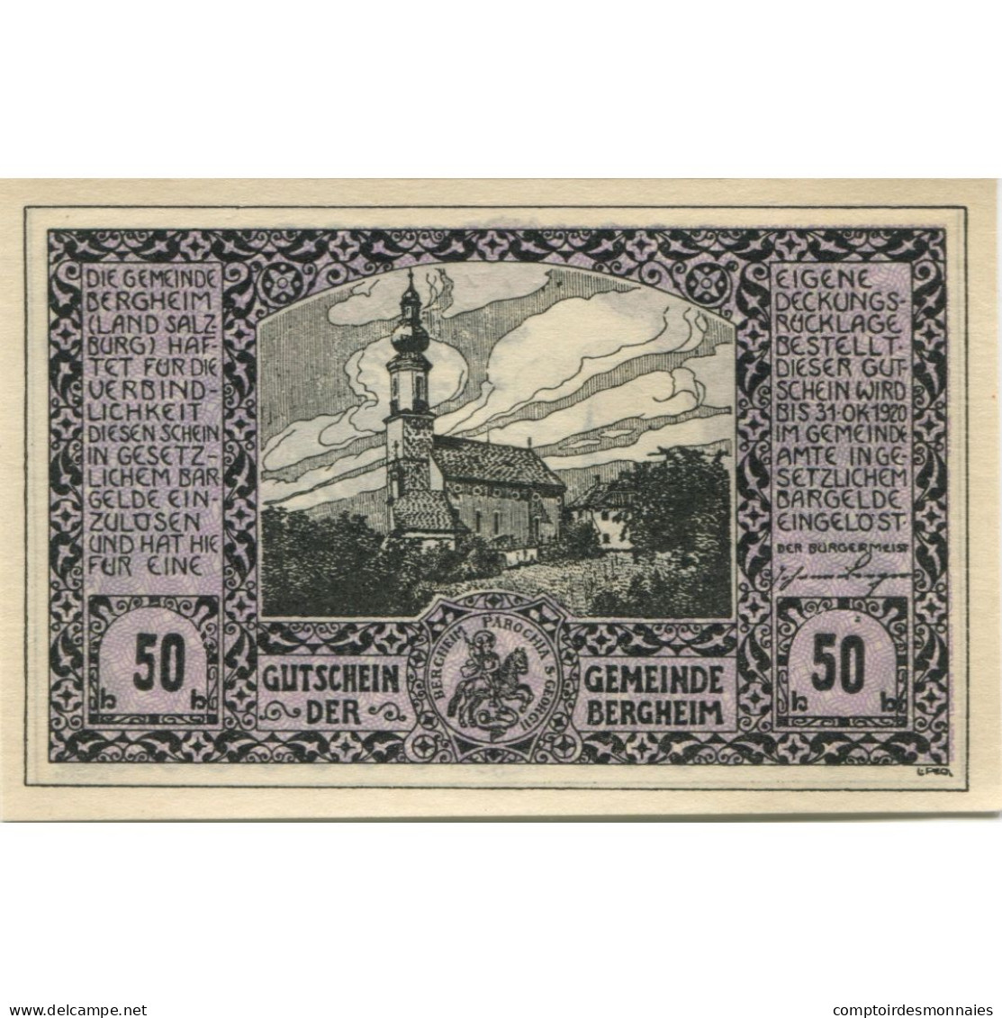 Billet, Autriche, Bergheim, 50 Heller, Champs 1920-10-31, SPL, Mehl:FS 82Ia - Oesterreich